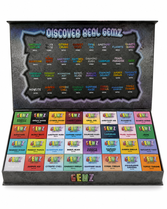 Gemz Sugar Diamonds Extracts wholesale display featuring premium sugar diamond concentrate jars with Indica, Hybrid, and Sativa strain selection.