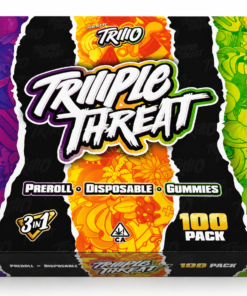 Triple Threat by Triio 100-pack wholesale display box featuring 3 in 1 bundles with preroll, disposable vape and gummies.