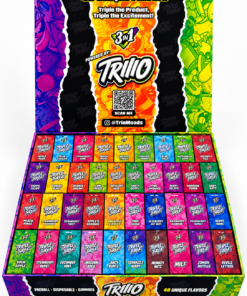 Triple Threat by Triio 100-pack wholesale display box featuring 3 in 1 bundles with preroll, disposable vape and gummies.