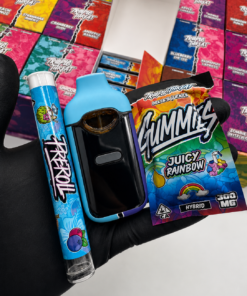 Triple Threat by Triio 100-pack wholesale display box featuring 3 in 1 bundles with preroll, disposable vape and gummies.