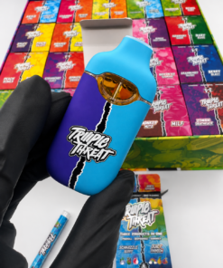 Triple Threat by Triio 100-pack wholesale display box featuring 3 in 1 bundles with preroll, disposable vape and gummies.