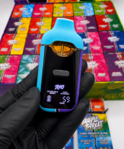 Triple Threat by Triio 100-pack wholesale display box featuring 3 in 1 bundles with preroll, disposable vape and gummies.