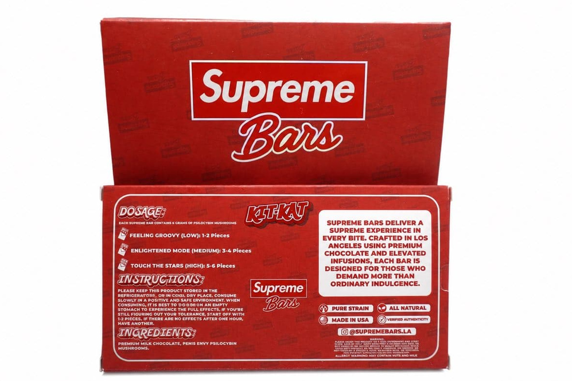 Supreme Mushroom Chocolate Bars Kit Kat red package with Supreme Bars display box
